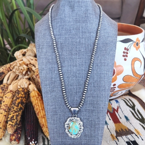NWT Native American Navajo Turquoise Pendant & Sterling Pearl Necklace 🩵🩶 - Picture 1 of 16